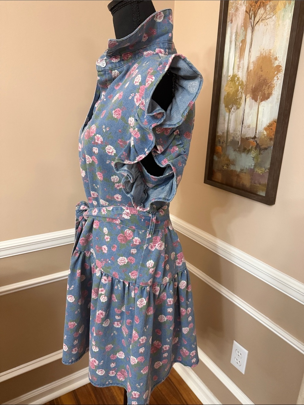 Floral Ruffle Belted Button-Up Dress - Blue with Pink Roses - Picture 5 of 9